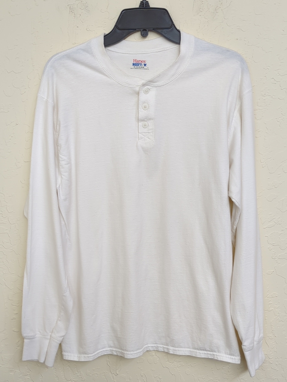 Hanes Off-White Beefy-T Men's Long Sleeve Henley Shirt Size Medium
